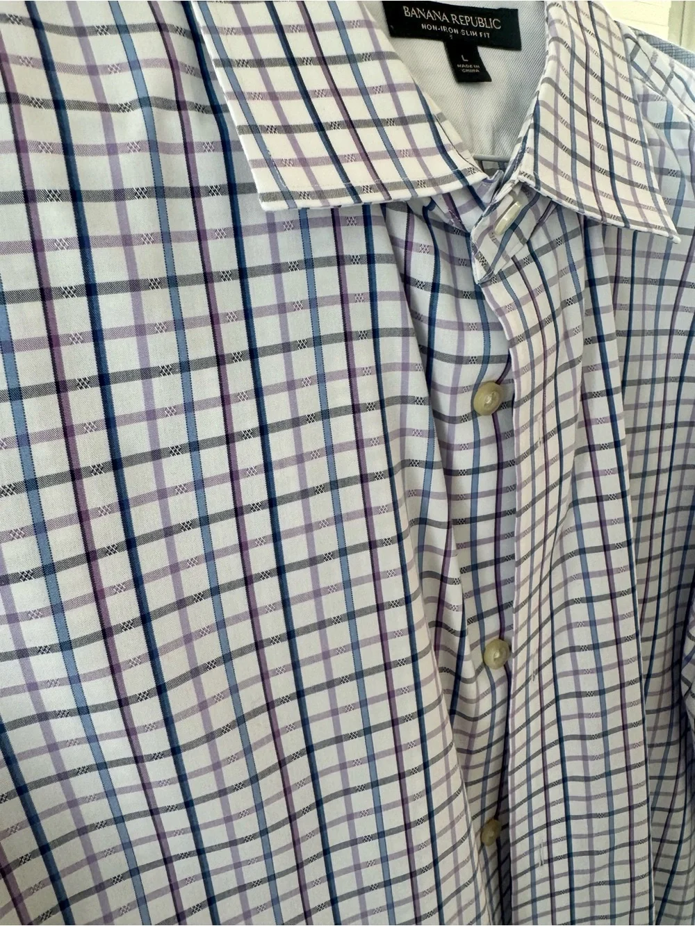 Banana Republic Men’s Purple & Blue Plaid button down shirt non iron slim fit